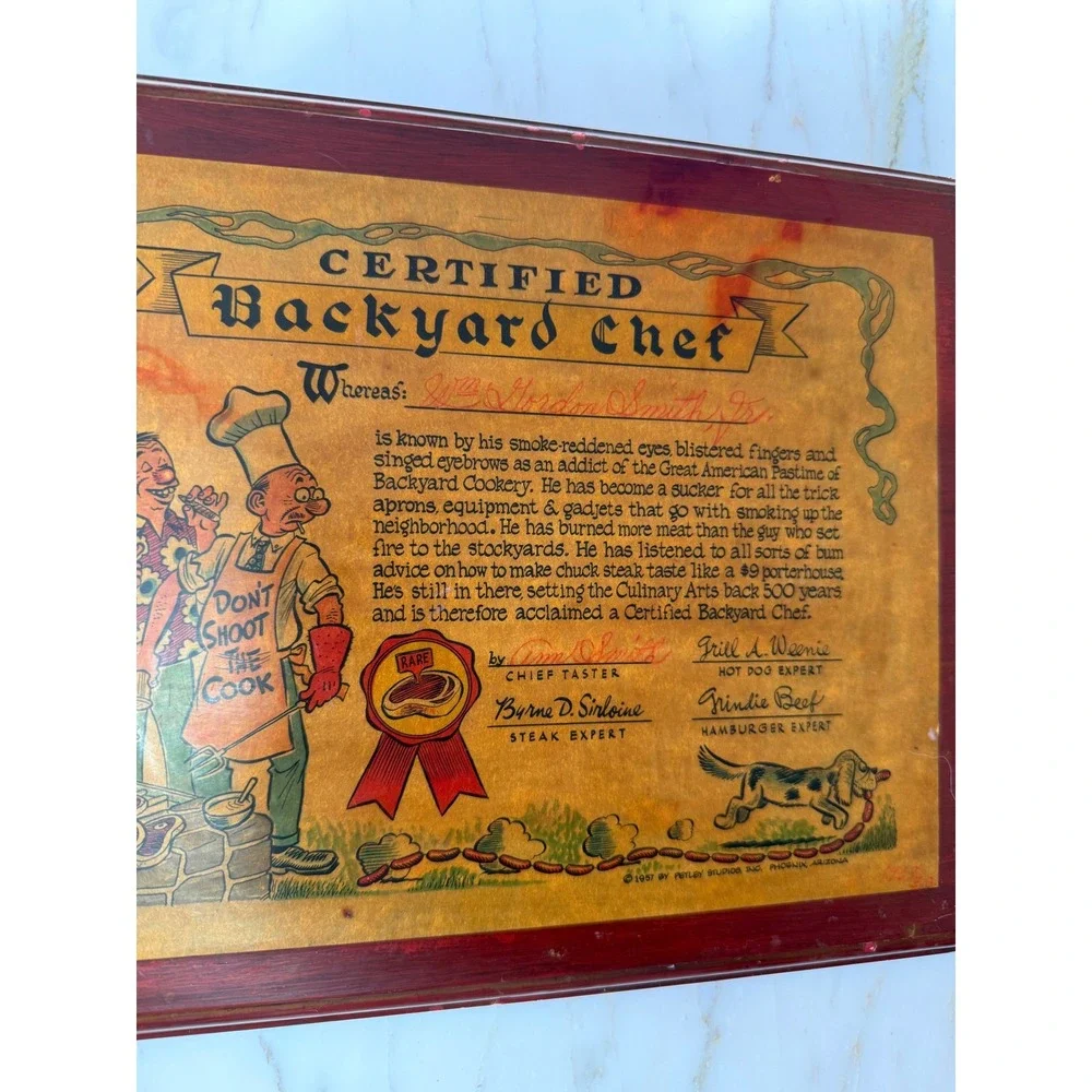 Vintage 1957 Certified Backyard Chef Framed BBQ Kitchen Wall Art